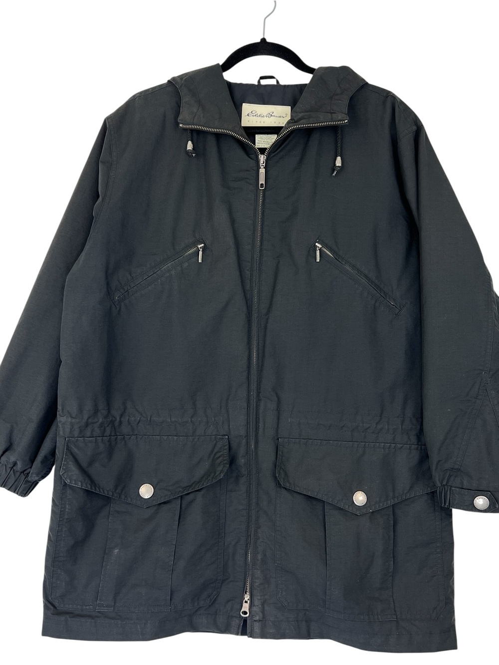 Vintage Eddie Bauer Black Anorak Jacket Sz M Pockets Hood Chore Full Zip